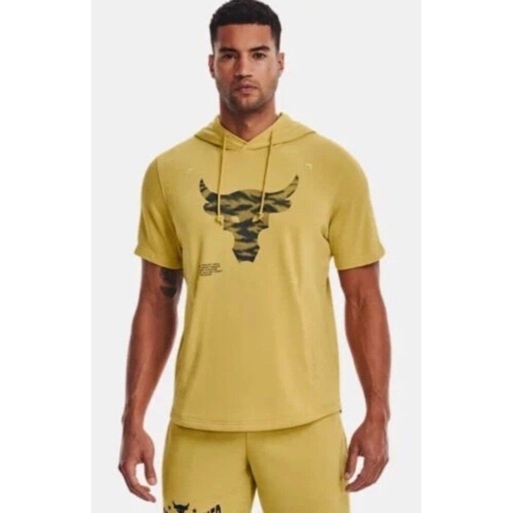 Under Armour Mens Project Rock Quick Dry Terry Short Sleeve Yellow Hoodie Sz XL